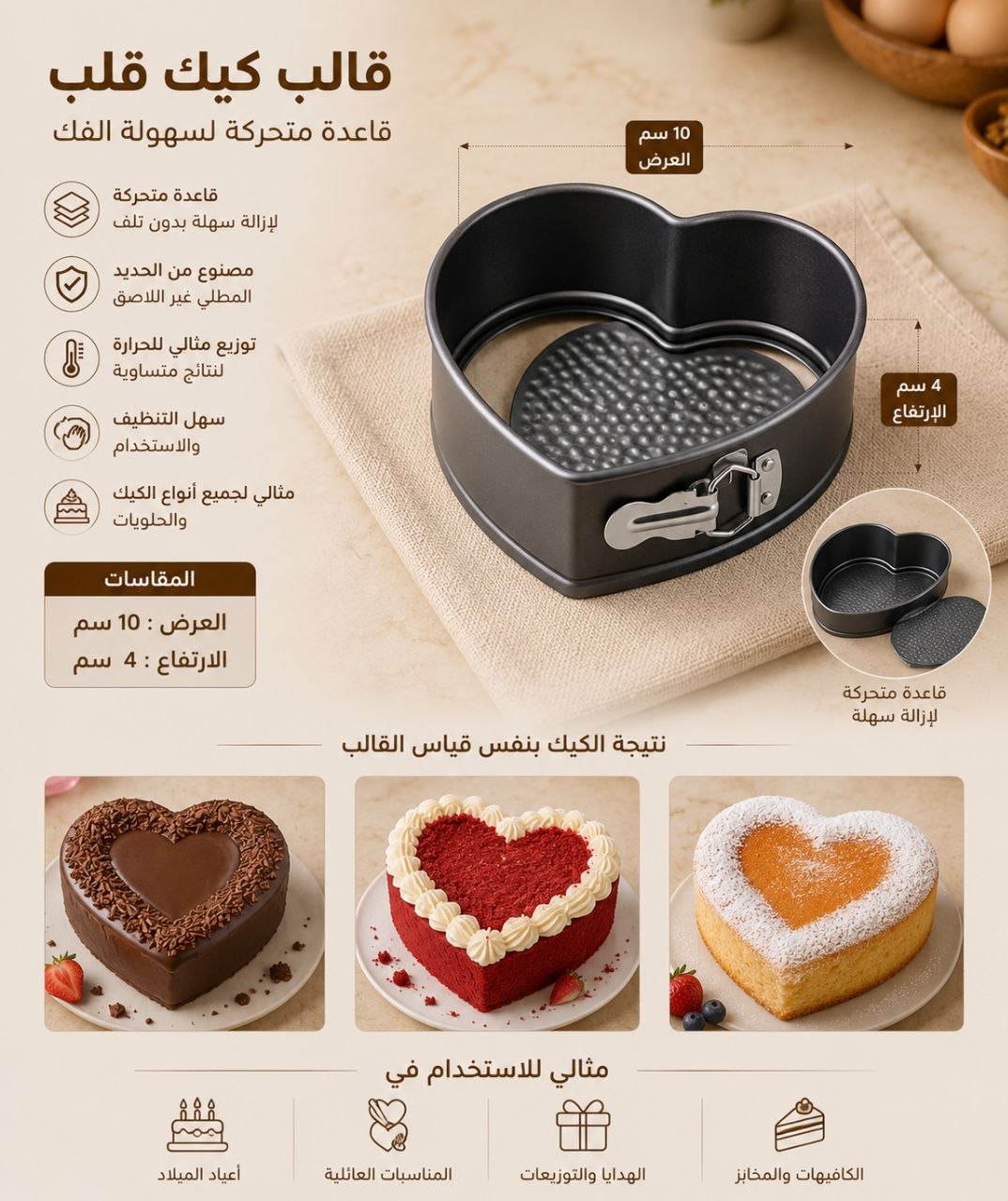 قاعدةكيك بقاعدةمتحركة العرض10 والارتفاع4