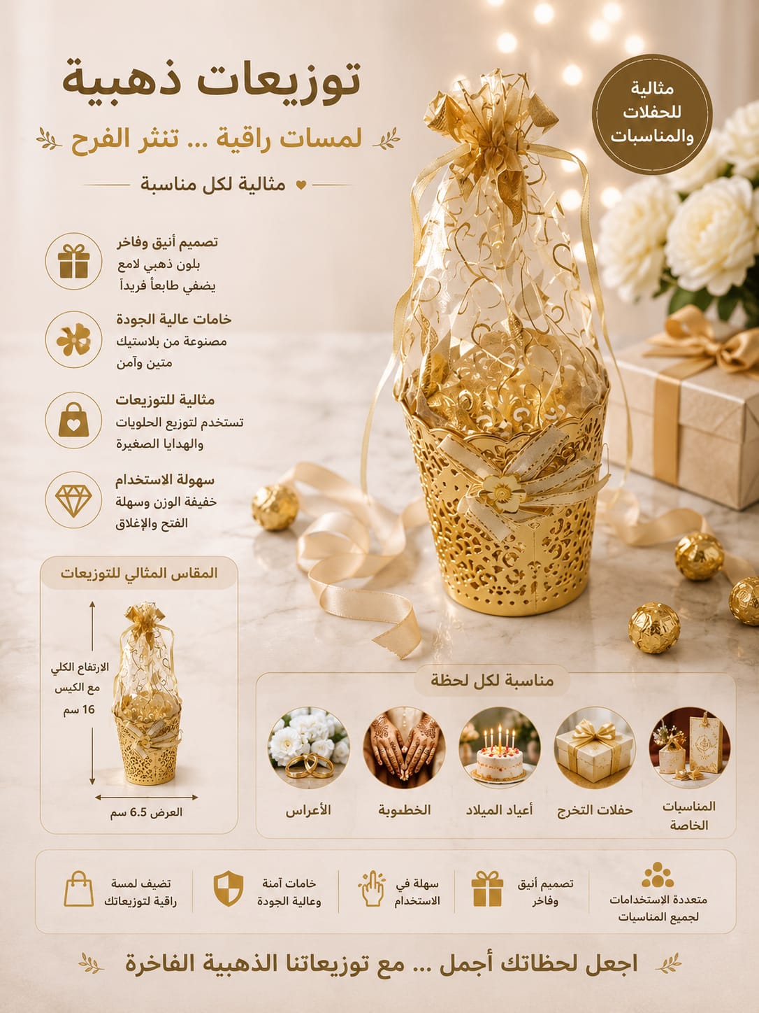 قدح توزيع بلاستيك ذهبي